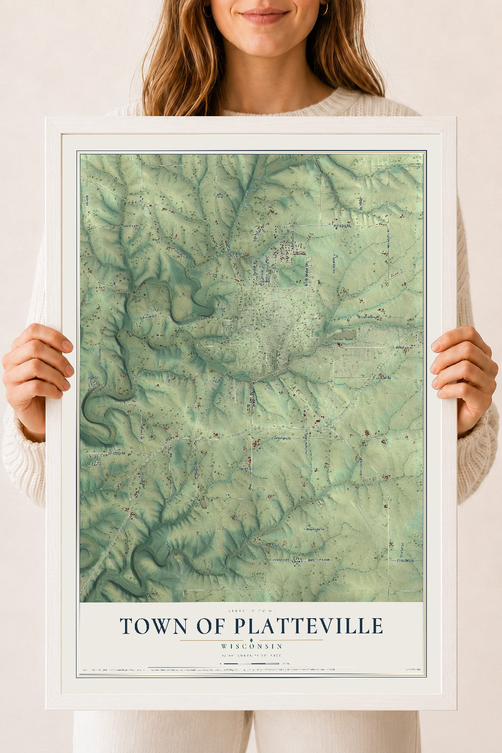 Map of the Town of Platteville, Wisconsin, 18 x 24 inch print in a white wood frame
