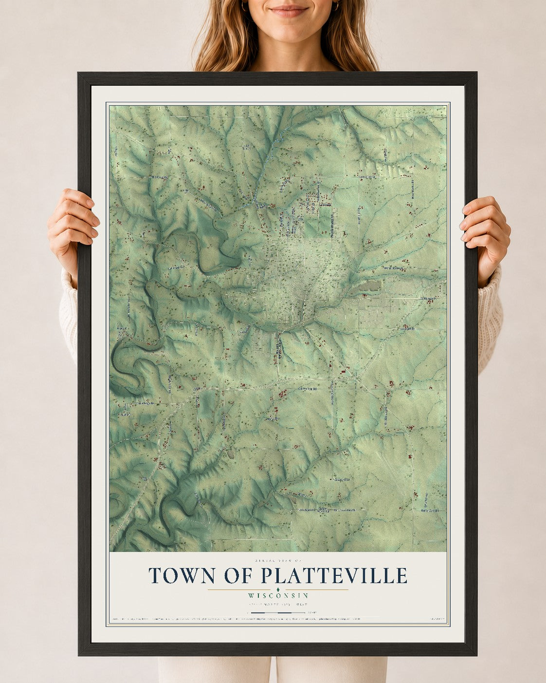 Map of the Town of Platteville, Wisconsin, 24 x 36 inch print in a black wood frame