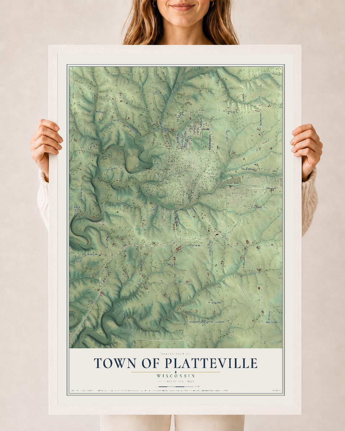 Map of the Town of Platteville, Wisconsin, 24 x 36 inch print in a white wood frame