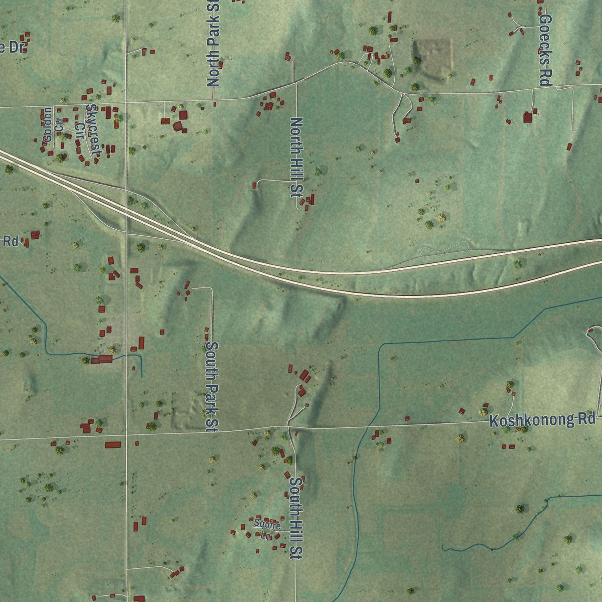 Second close-up of the map of Pleasant Springs, Wisconsin print showing more streets and buildings