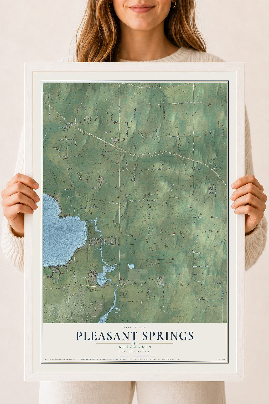 Map of Pleasant Springs, Wisconsin, 18 x 24 inch print in a white wood frame