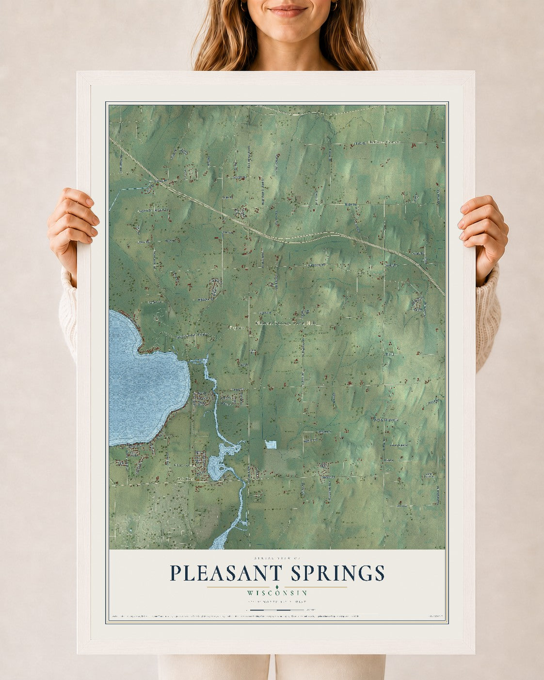 Map of Pleasant Springs, Wisconsin, 24 x 36 inch print in a white wood frame