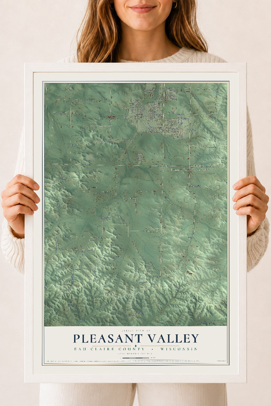 Map of Pleasant Valley, Eau Claire County, Wisconsin, 18 x 24 inch print in a white wood frame
