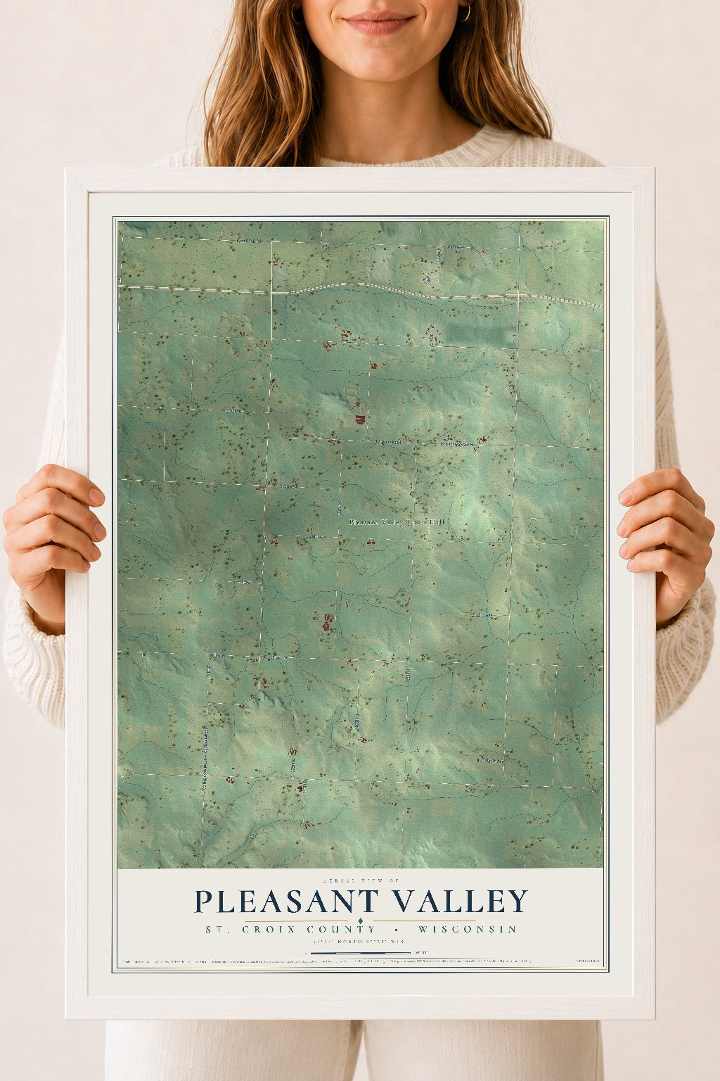 Map of Pleasant Valley, St. Croix County, Wisconsin, 18 x 24 inch print in a white wood frame