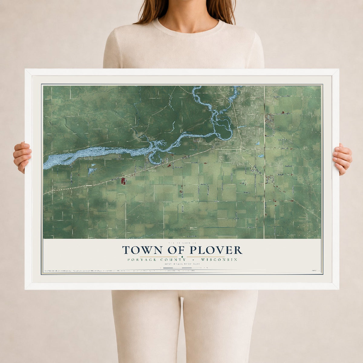 Map of the Town of Plover, Portage County, Wisconsin, 24 x 36 inch print in a white wood frame