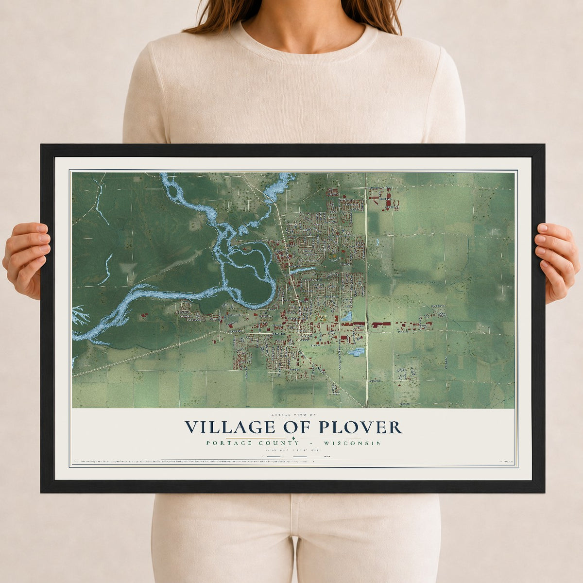 Map of Plover, Wisconsin, 12 x 18 inch print in a black wood frame