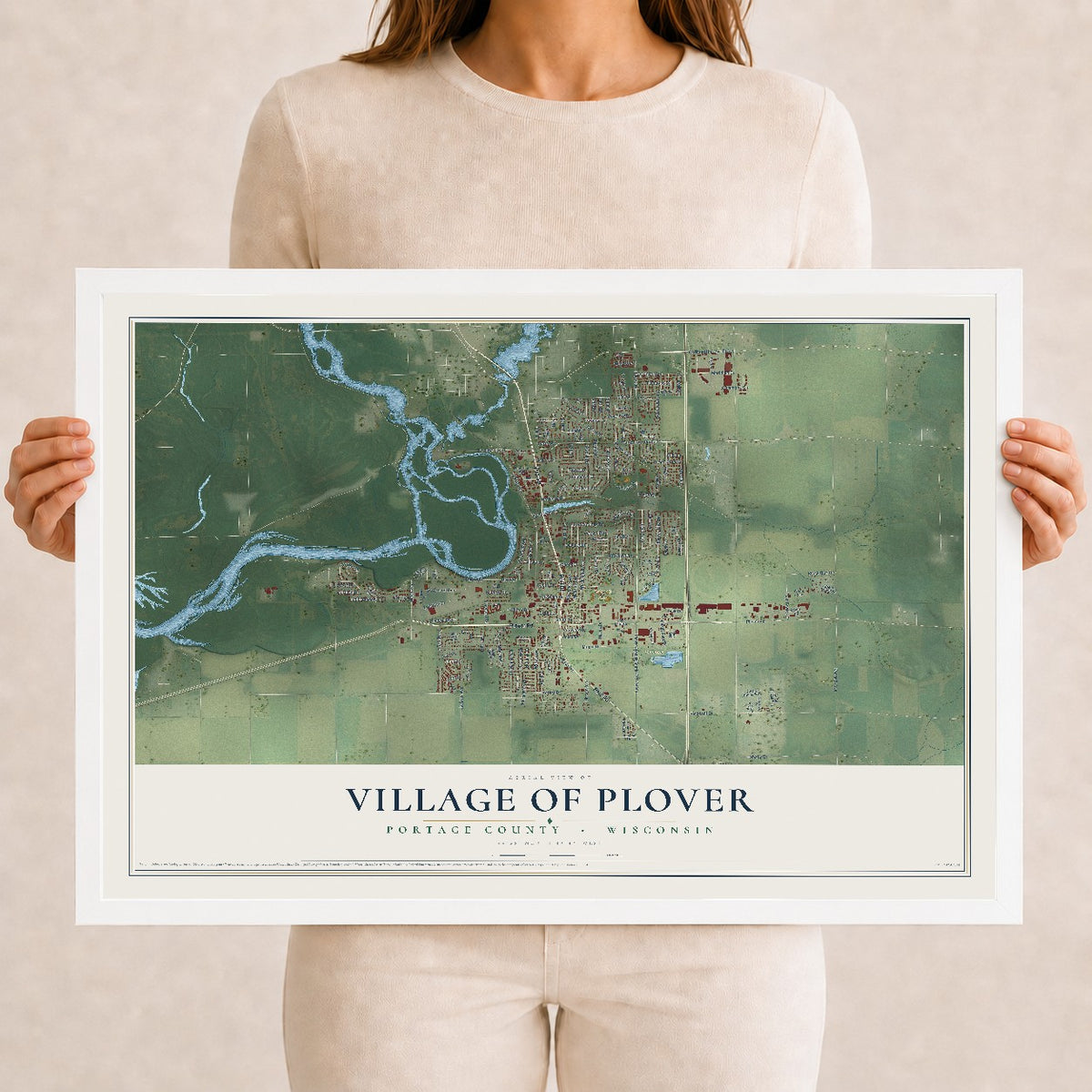 Map of Plover, Wisconsin, 12 x 18 inch print in a white wood frame