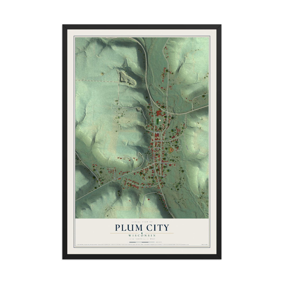 Map of Plum City, Wisconsin, 12 x 18 inch print in a black wood frame
