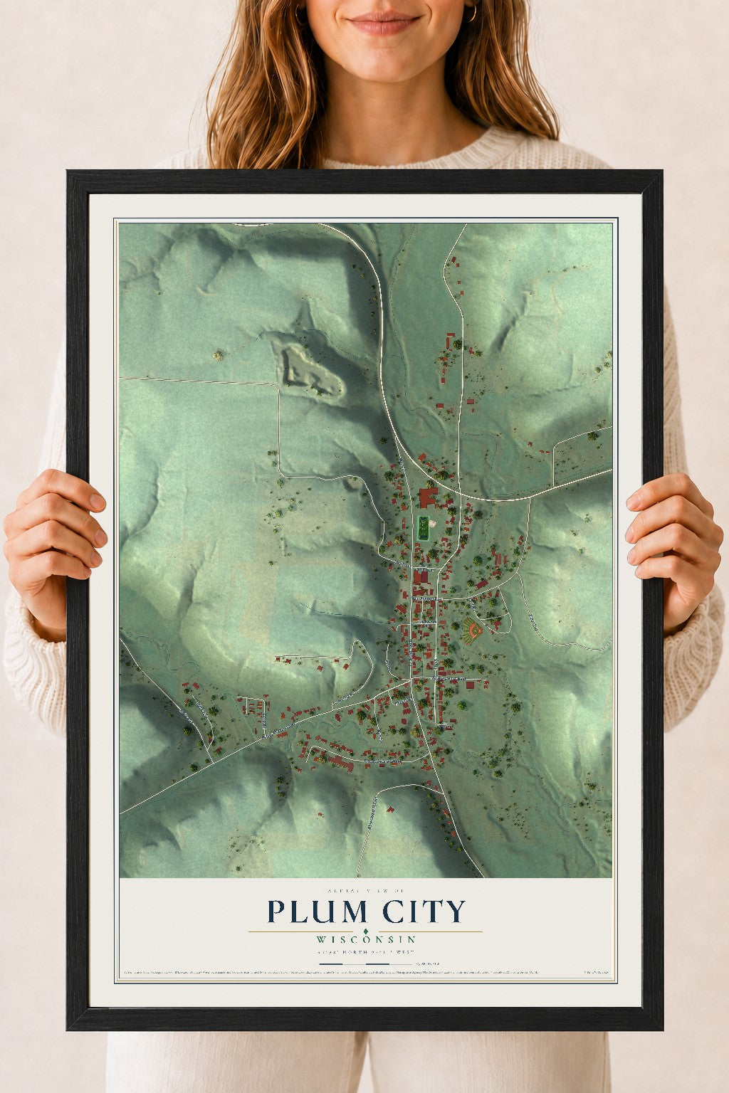 Map of Plum City, Wisconsin, 18 x 24 inch print in a black wood frame
