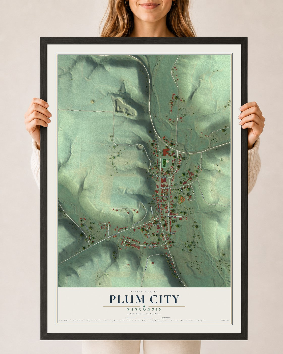 Map of Plum City, Wisconsin, 24 x 36 inch print in a black wood frame