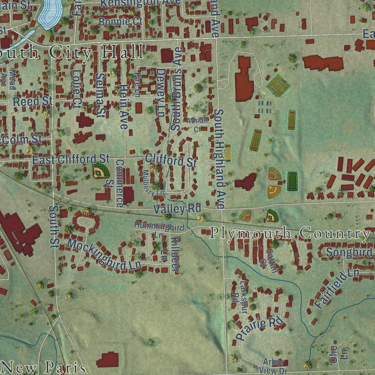 Close-up of the map of Plymouth, Wisconsin print showing street and building detail