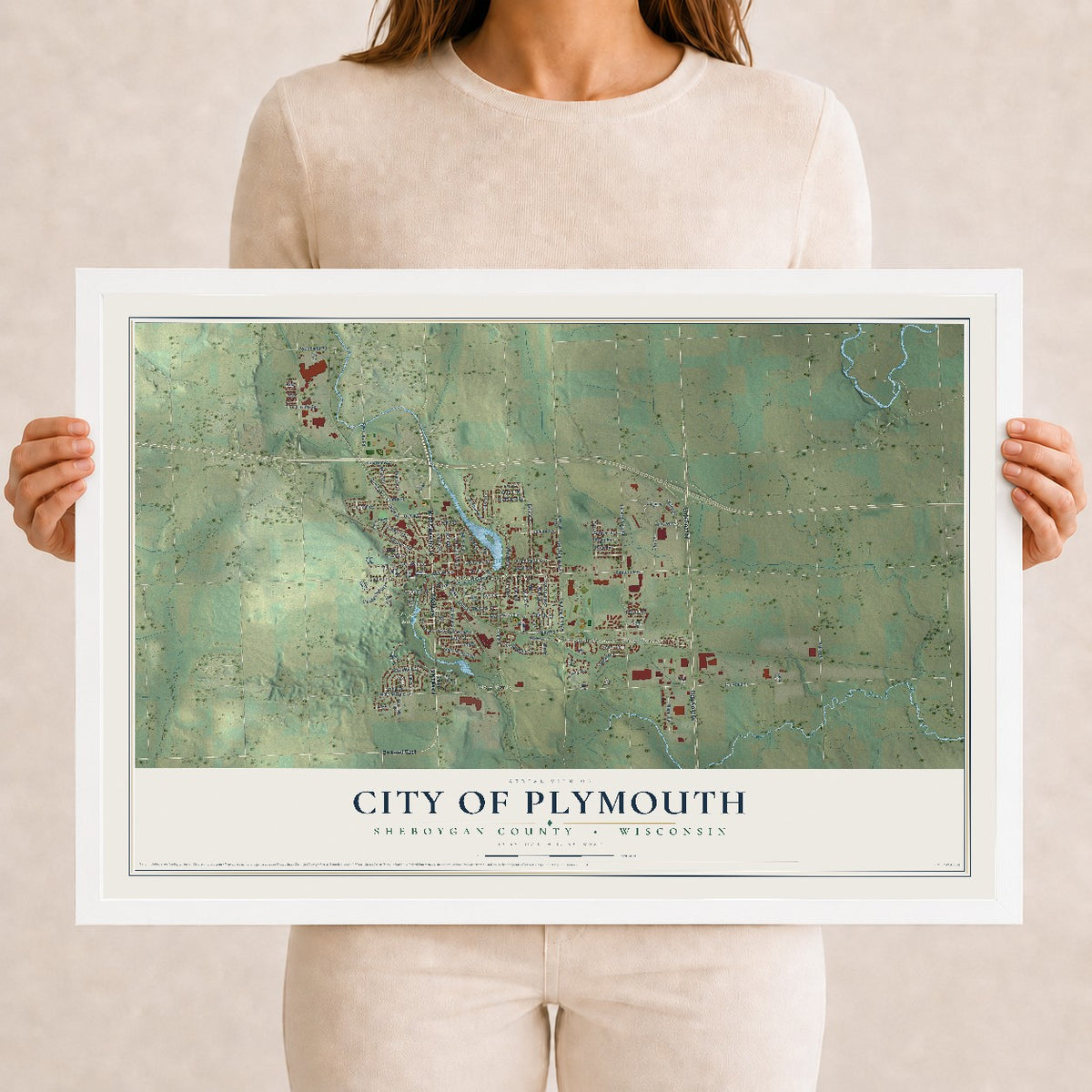 Map of Plymouth, Wisconsin, 12 x 18 inch print in a white wood frame