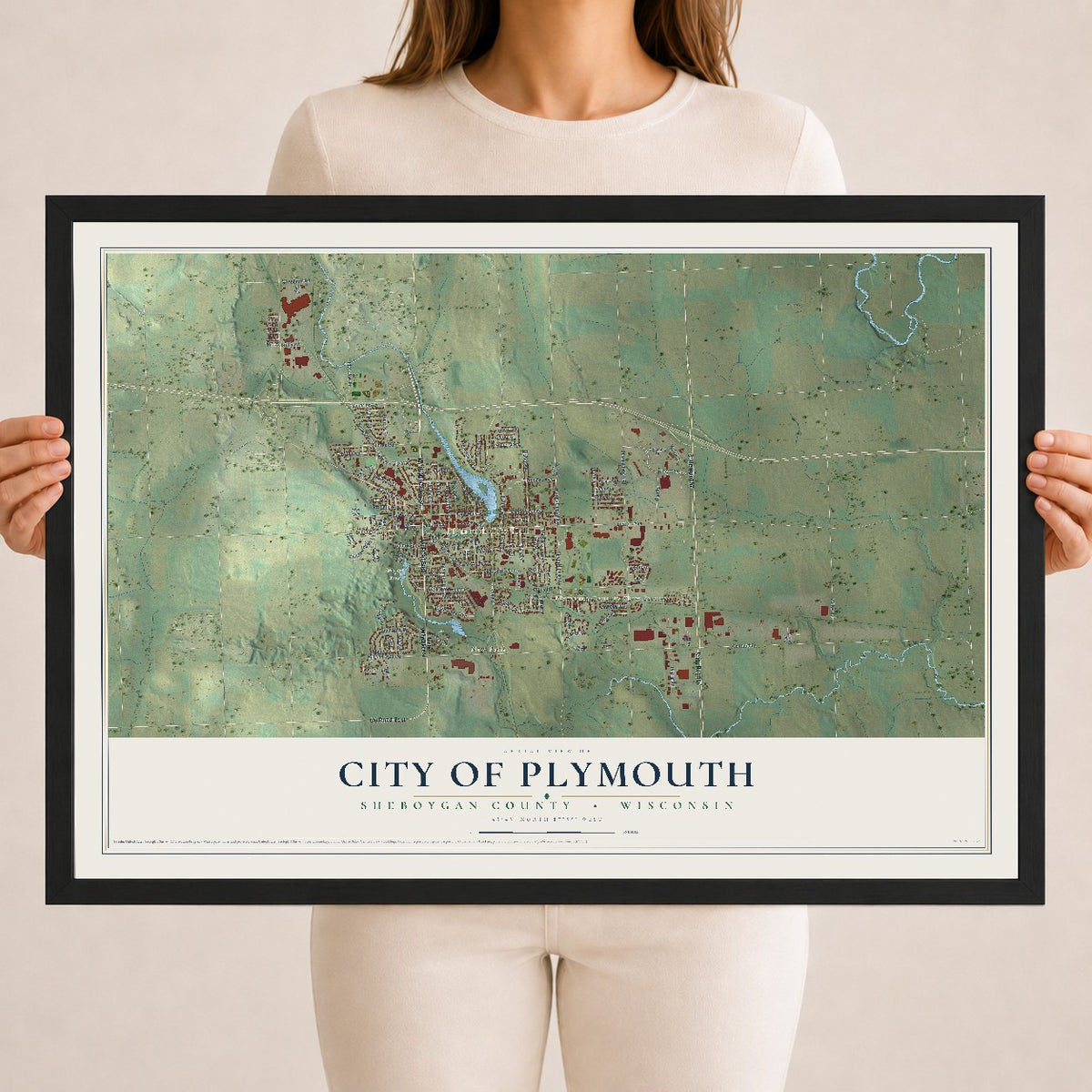 Map of Plymouth, Wisconsin, 18 x 24 inch print in a black wood frame
