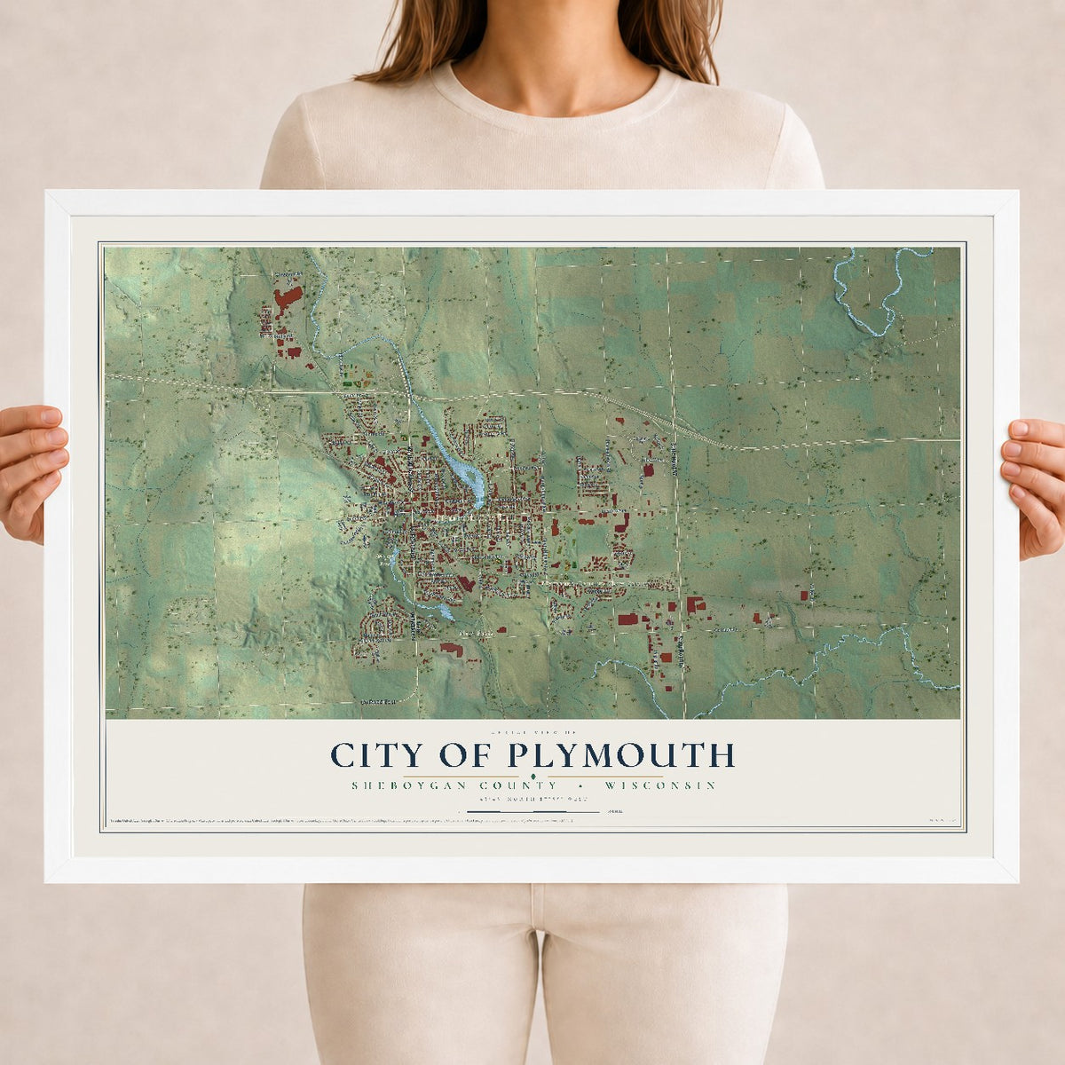 Map of Plymouth, Wisconsin, 18 x 24 inch print in a white wood frame