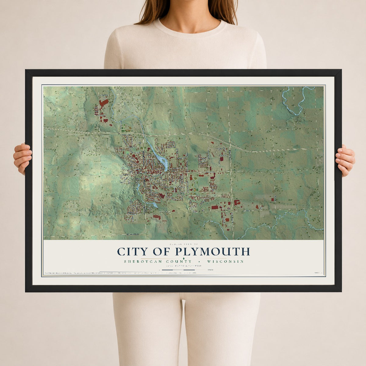 Map of Plymouth, Wisconsin, 24 x 36 inch print in a black wood frame