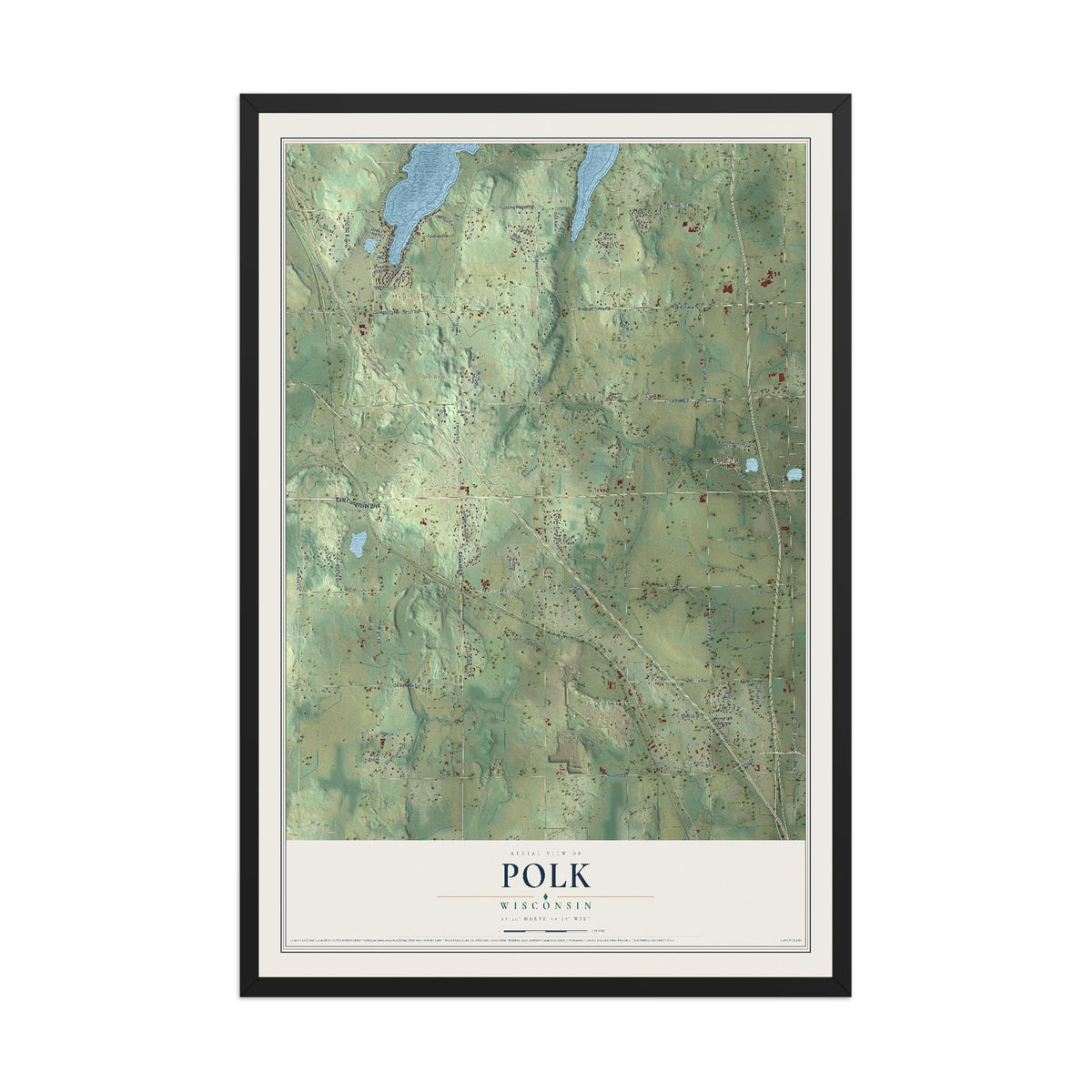 Map of Polk, Wisconsin, 12 x 18 inch print in a black wood frame