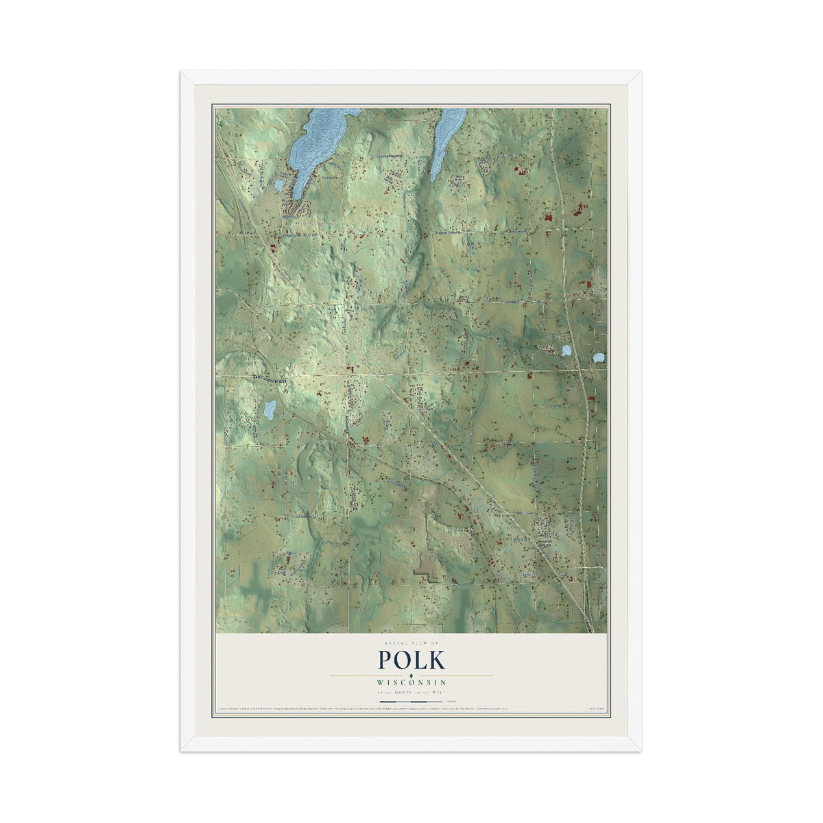 Map of Polk, Wisconsin, 12 x 18 inch print in a white wood frame
