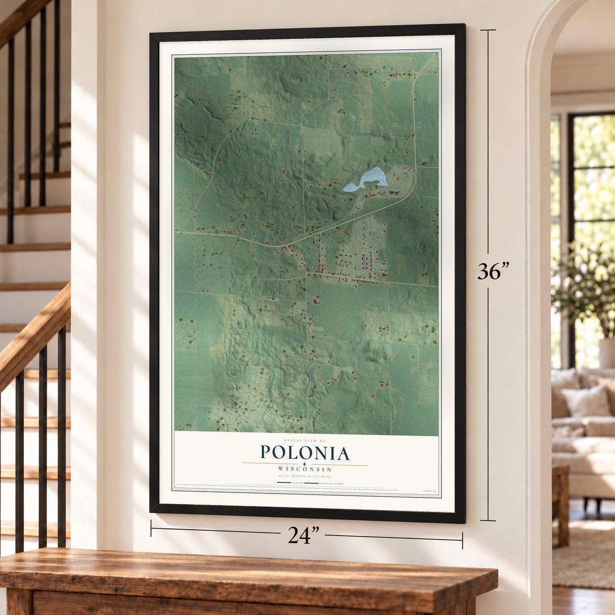 Polonia, Wisconsin map, 24 x 36 inch print in a black frame by a staircase