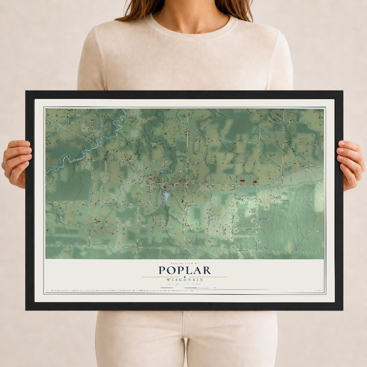 Map of Poplar, Wisconsin, 12 x 18 inch print in a black wood frame