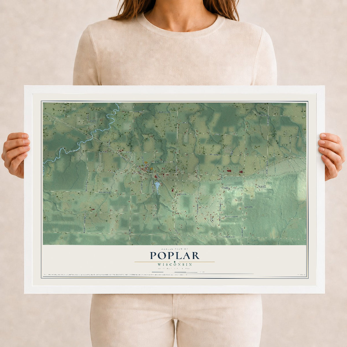 Map of Poplar, Wisconsin, 12 x 18 inch print in a white wood frame