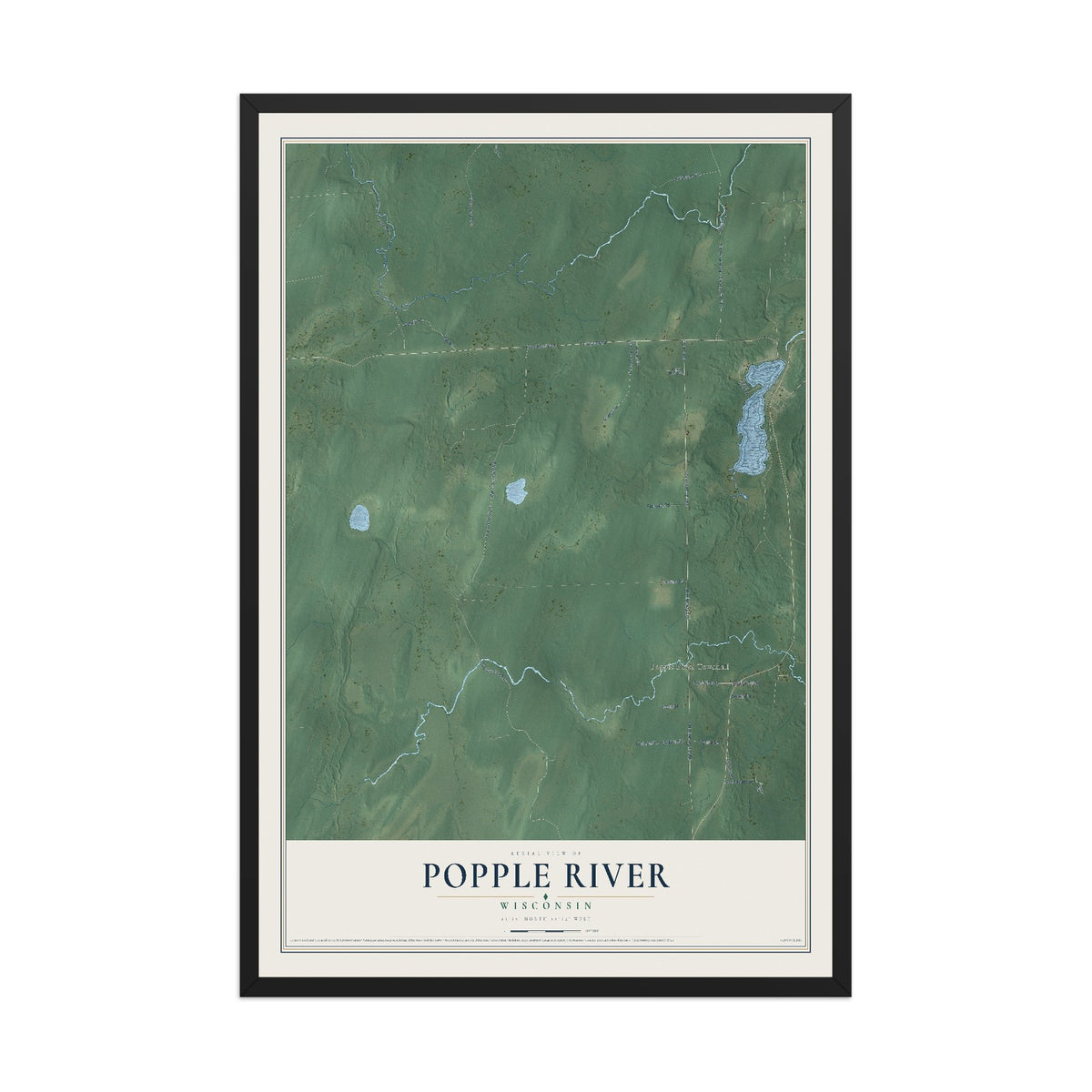 Map of Popple River, Wisconsin, 12 x 18 inch print in a black wood frame