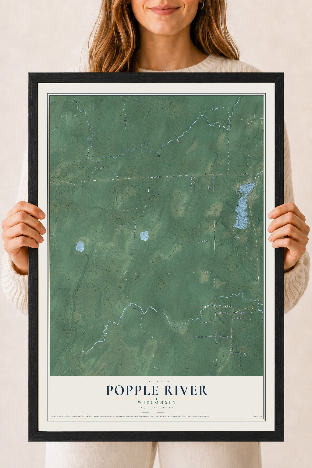 Map of Popple River, Wisconsin, 18 x 24 inch print in a black wood frame