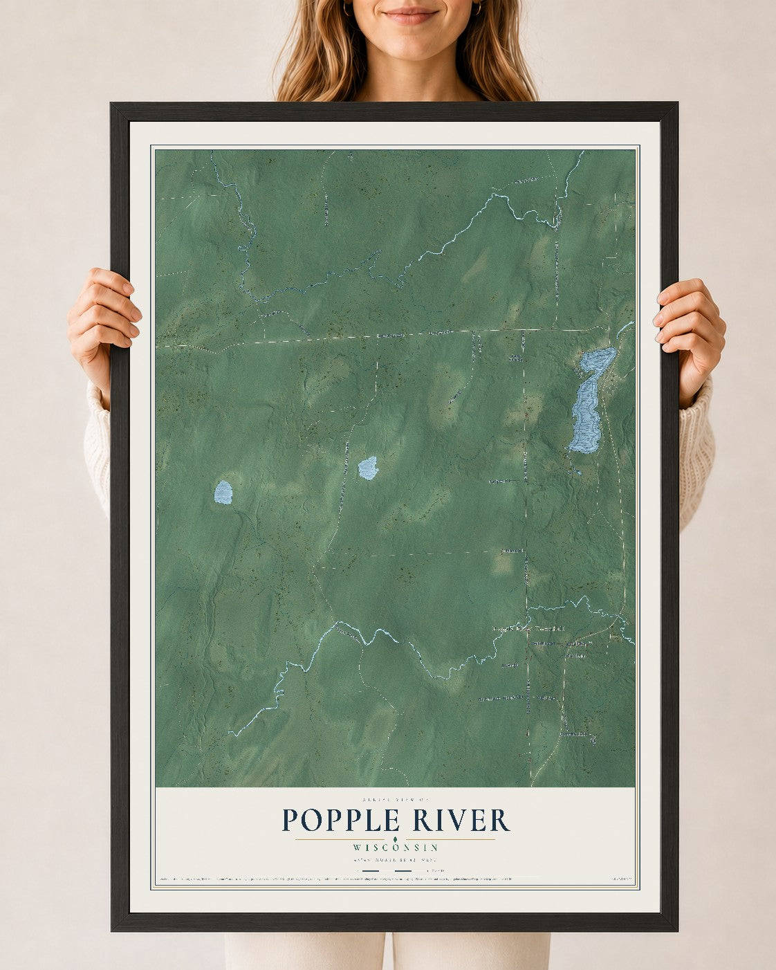 Map of Popple River, Wisconsin, 24 x 36 inch print in a black wood frame