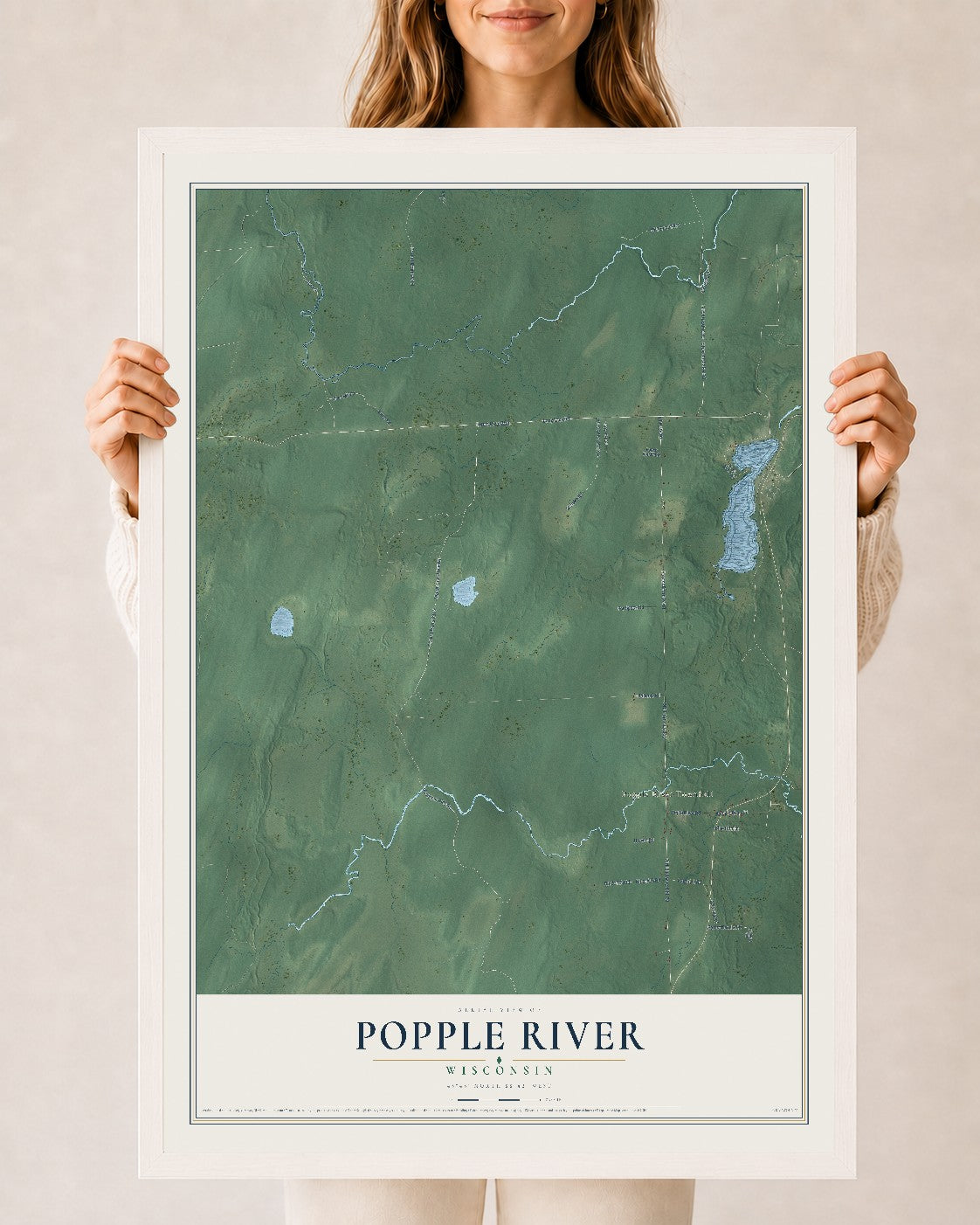 Map of Popple River, Wisconsin, 24 x 36 inch print in a white wood frame