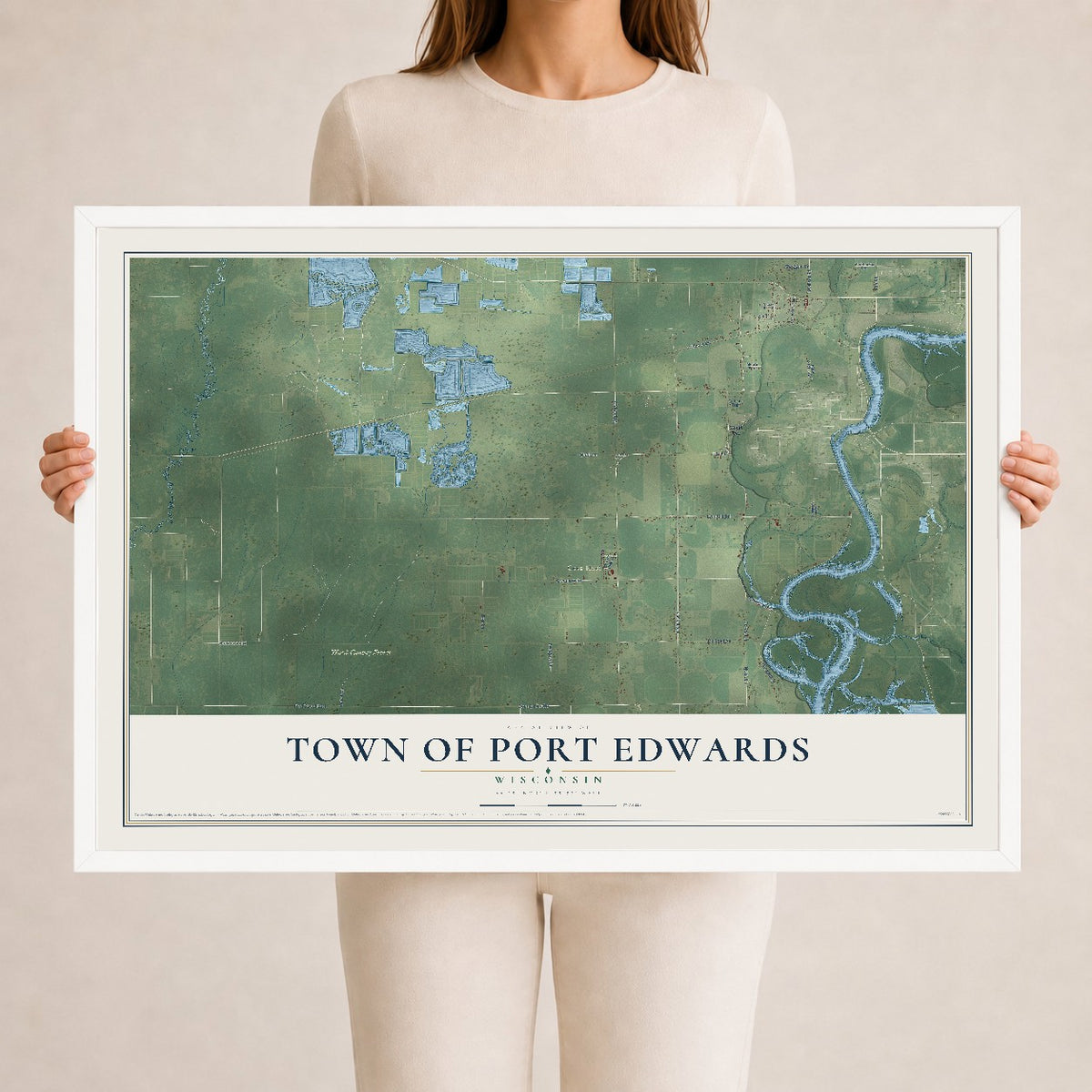 Map of the Town of Port Edwards, Wisconsin, 24 x 36 inch print in a white wood frame