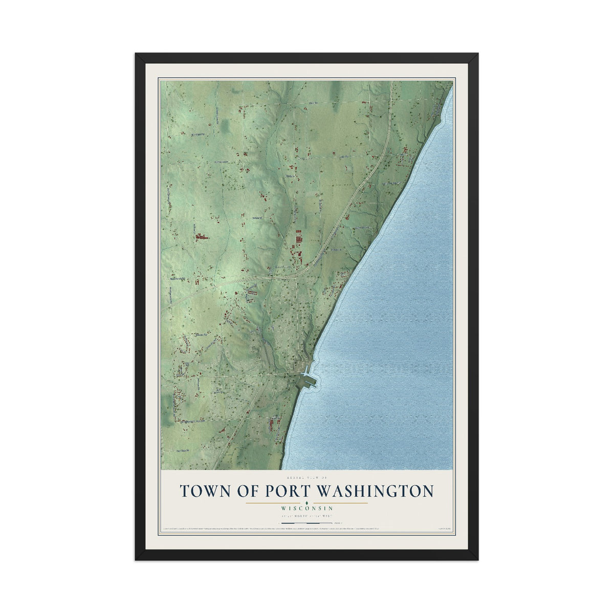 Map of the Town of Port Washington, Wisconsin, 12 x 18 inch print in a black wood frame