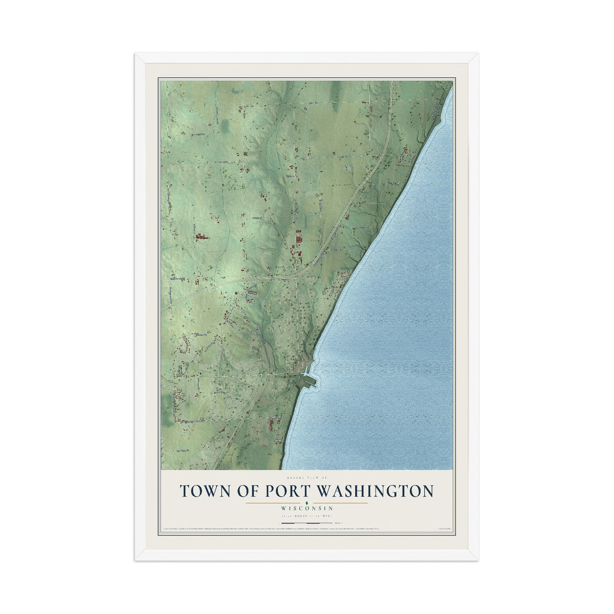 Map of the Town of Port Washington, Wisconsin, 12 x 18 inch print in a white wood frame