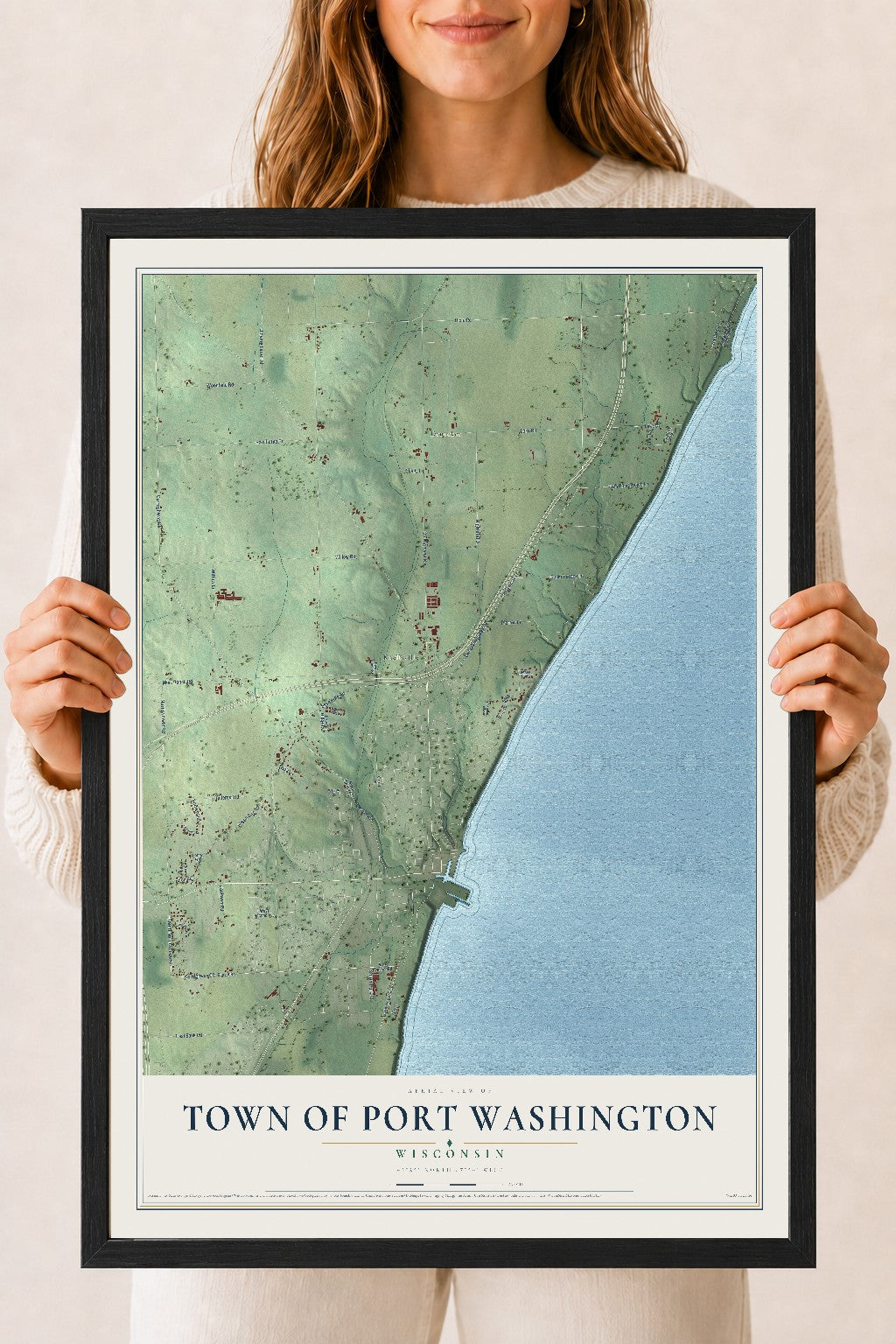 Map of the Town of Port Washington, Wisconsin, 18 x 24 inch print in a black wood frame