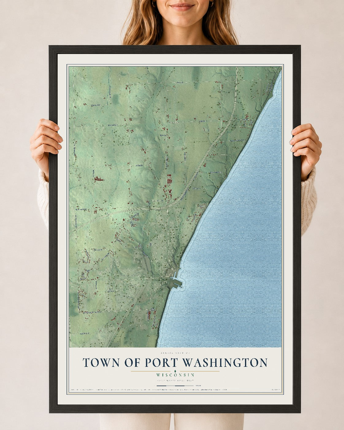 Map of the Town of Port Washington, Wisconsin, 24 x 36 inch print in a black wood frame