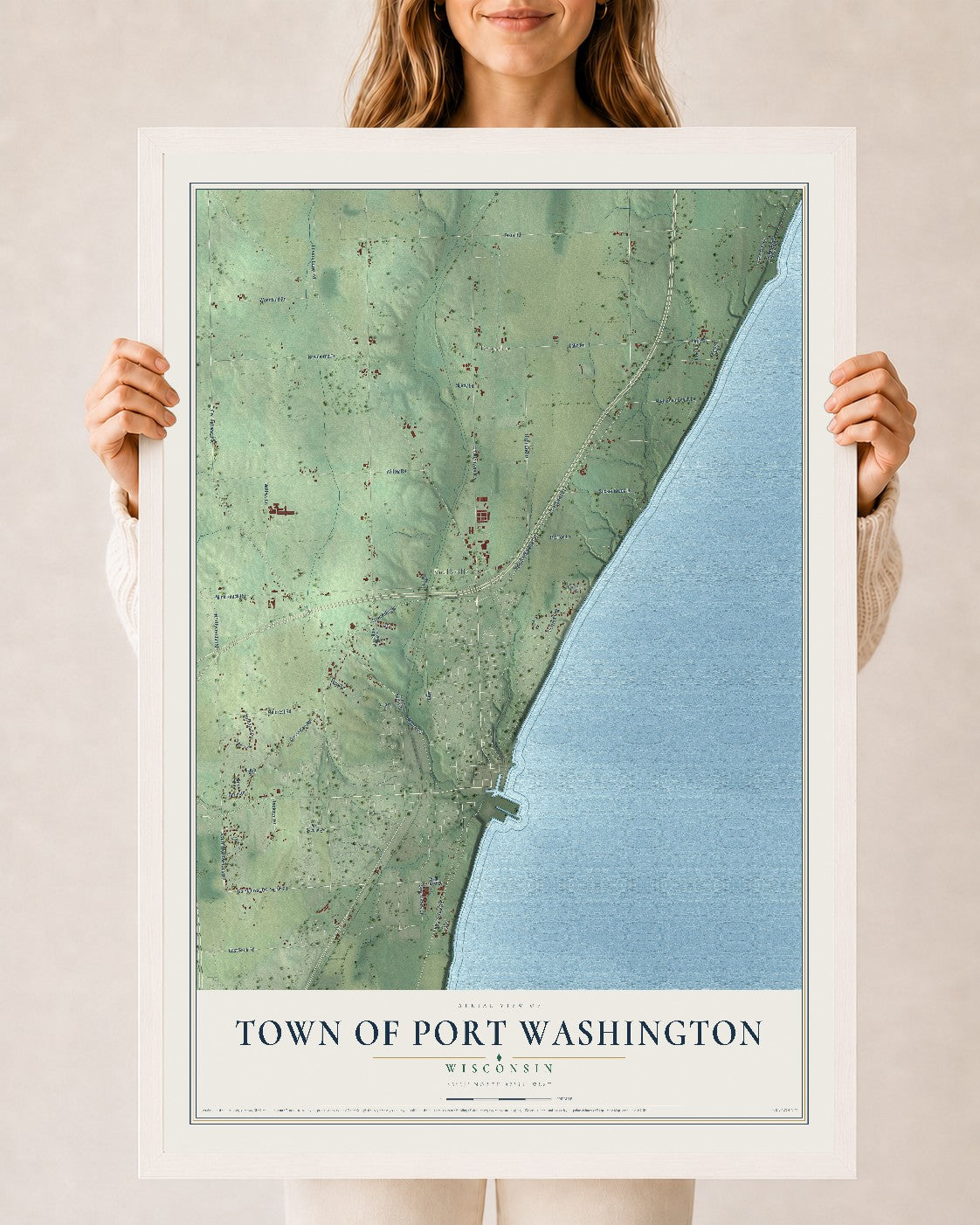 Map of the Town of Port Washington, Wisconsin, 24 x 36 inch print in a white wood frame