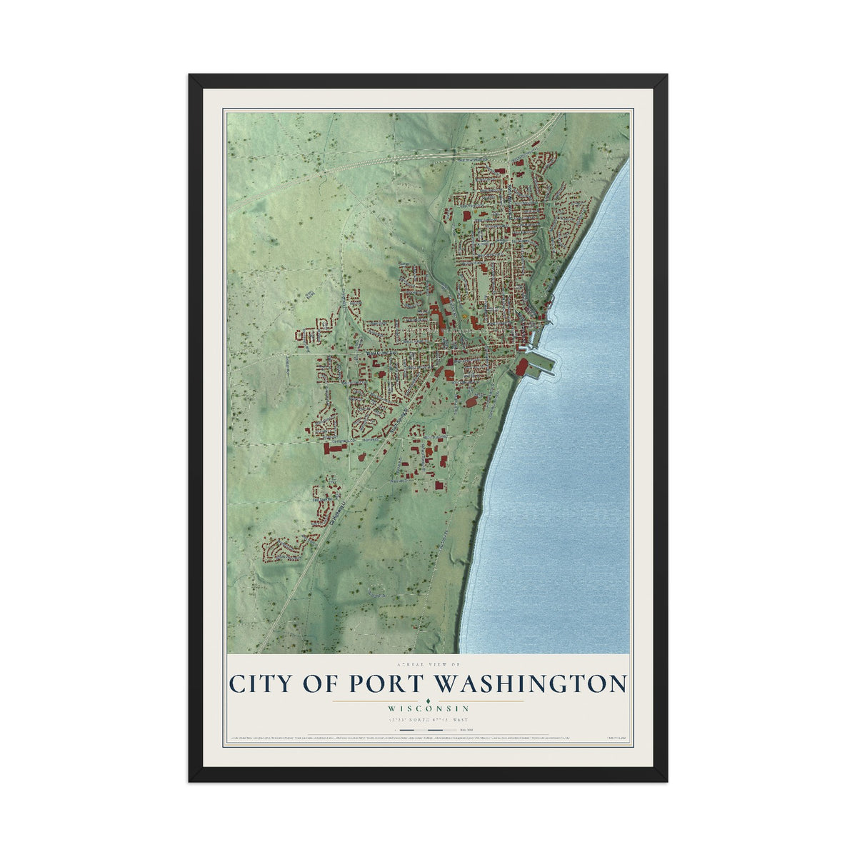 Map of Port Washington, Wisconsin, 12 x 18 inch print in a black wood frame