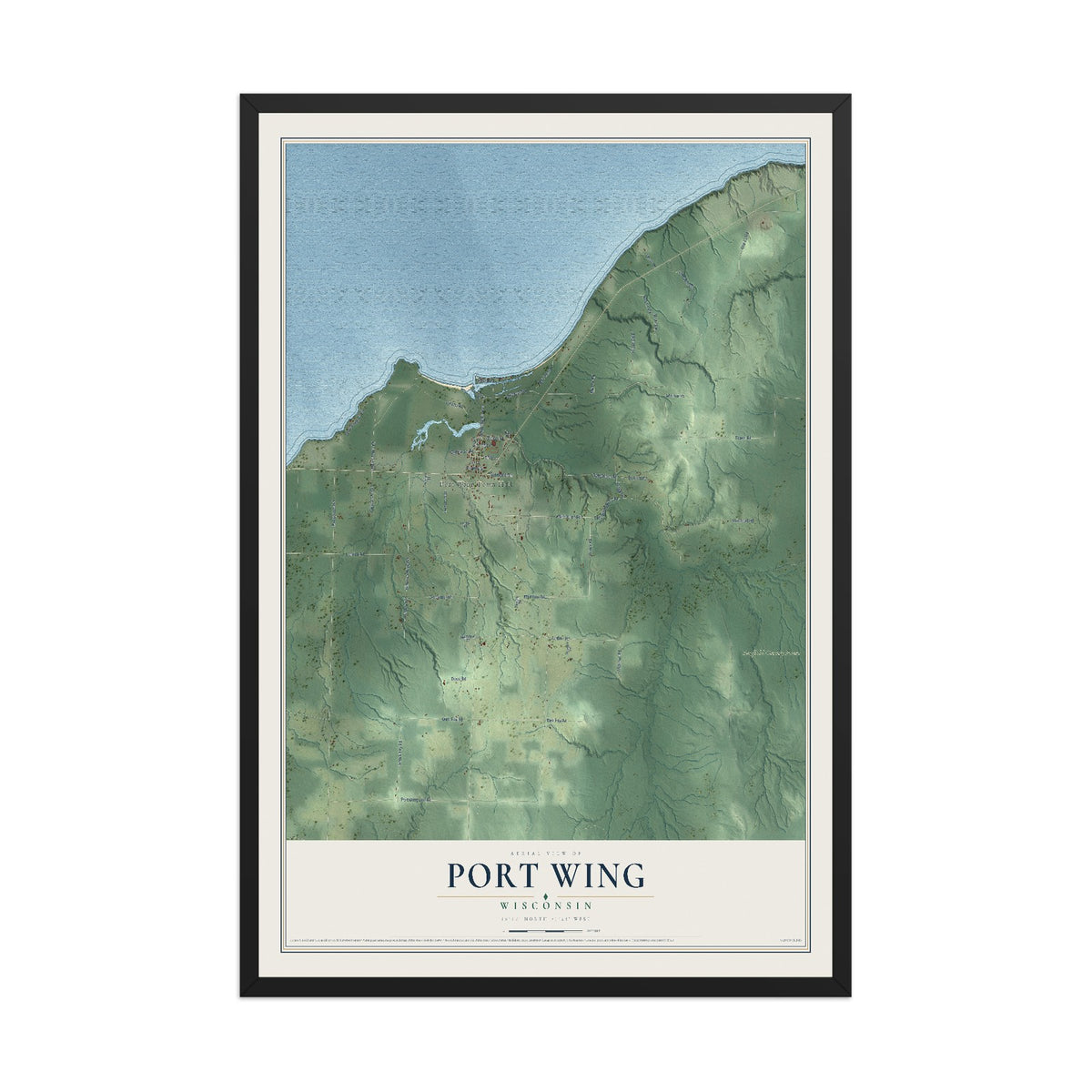 Map of Port Wing, Wisconsin, 12 x 18 inch print in a black wood frame