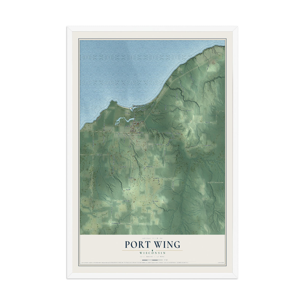 Map of Port Wing, Wisconsin, 12 x 18 inch print in a white wood frame