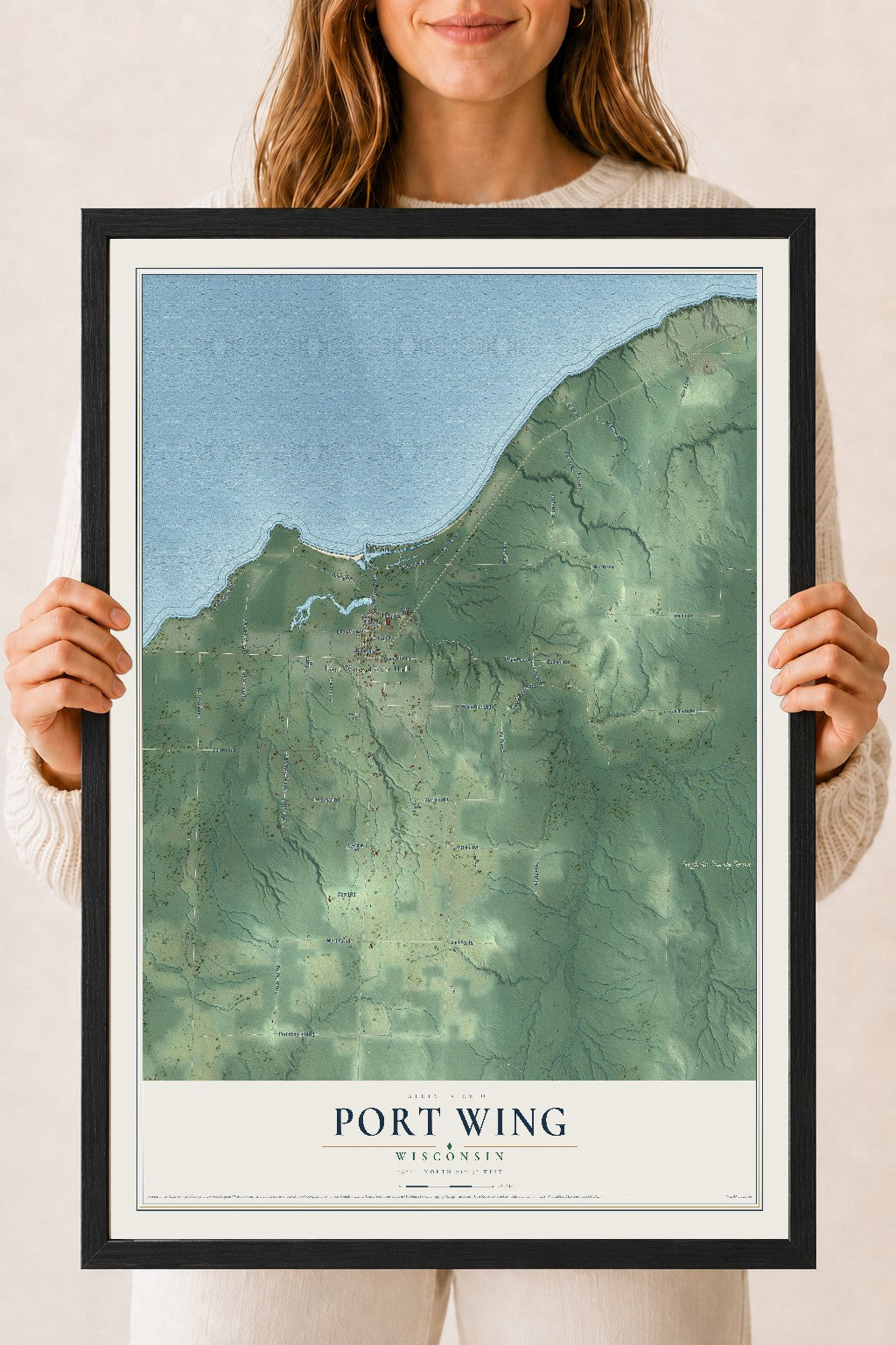 Map of Port Wing, Wisconsin, 18 x 24 inch print in a black wood frame