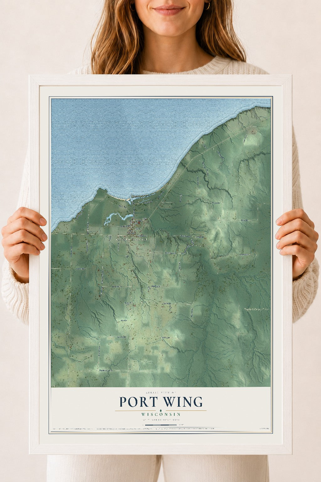 Map of Port Wing, Wisconsin, 18 x 24 inch print in a white wood frame