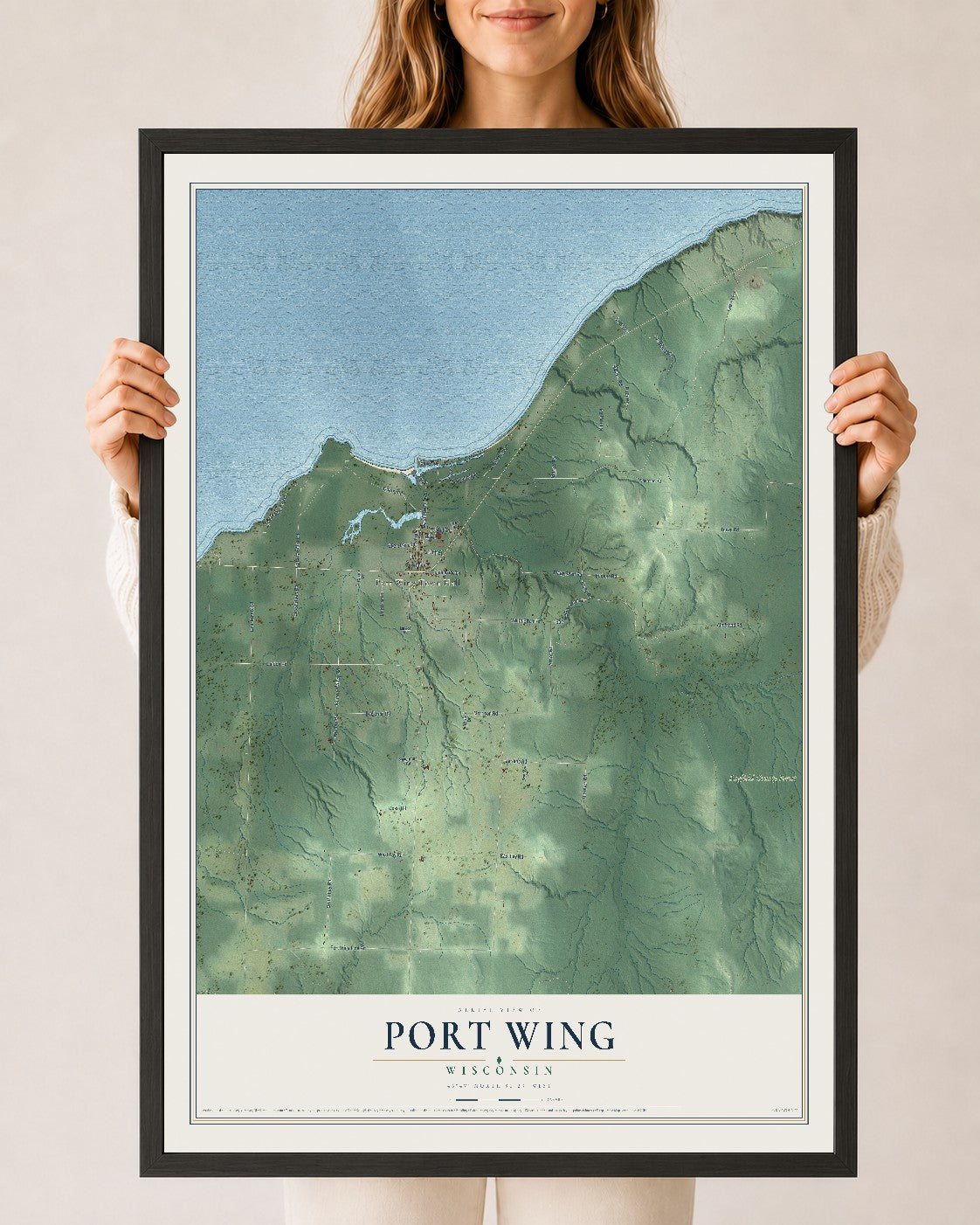 Map of Port Wing, Wisconsin, 24 x 36 inch print in a black wood frame