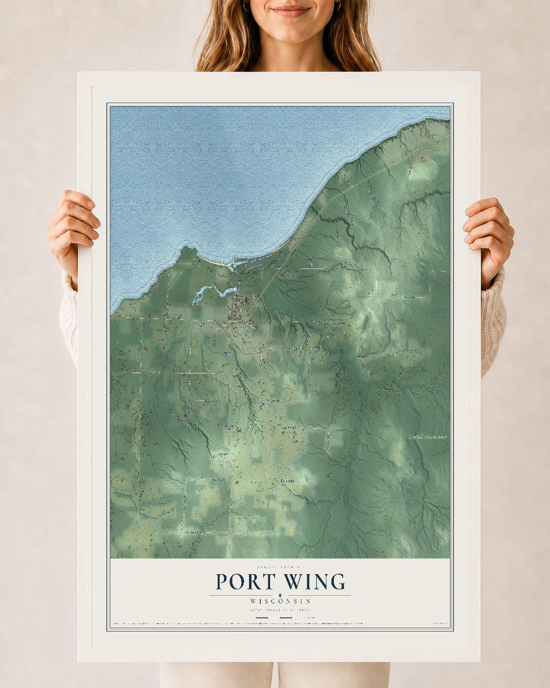 Map of Port Wing, Wisconsin, 24 x 36 inch print in a white wood frame