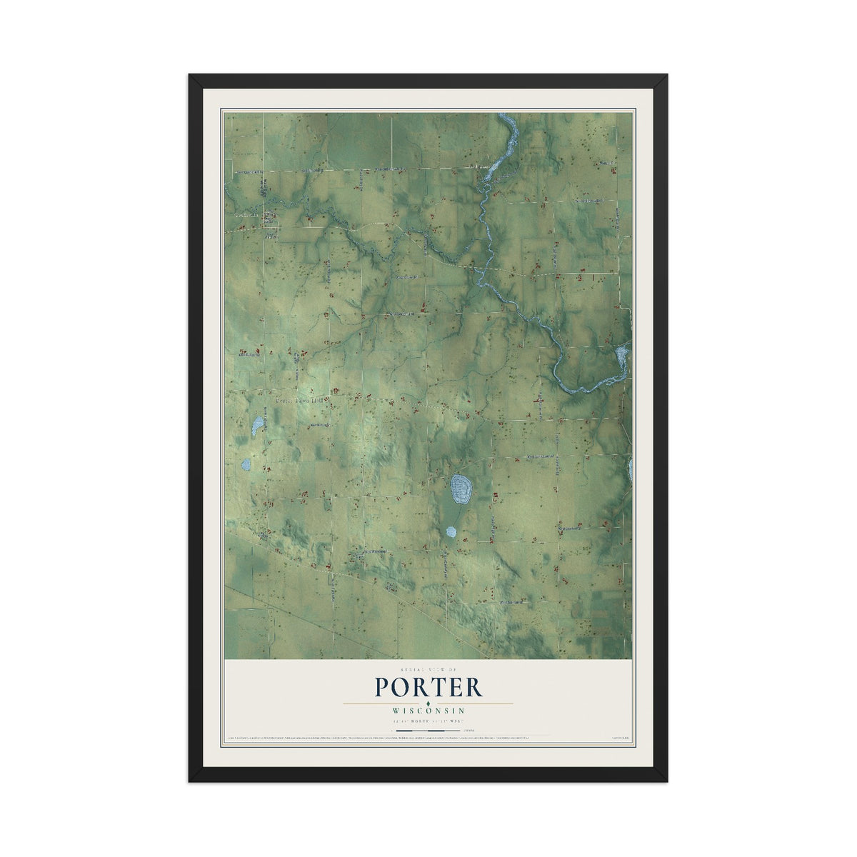 Map of Porter, Wisconsin, 12 x 18 inch print in a black wood frame