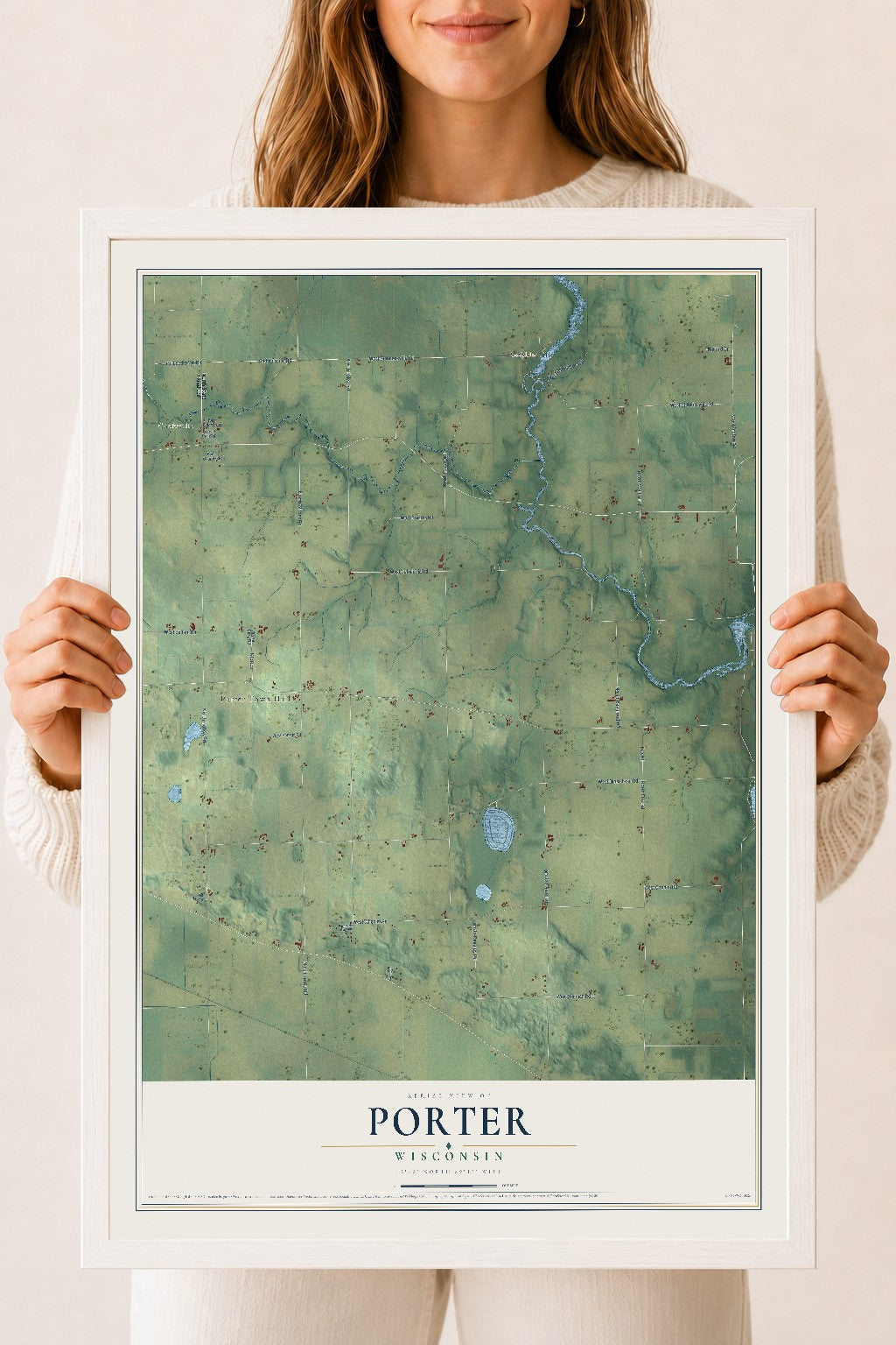Map of Porter, Wisconsin, 18 x 24 inch print in a white wood frame