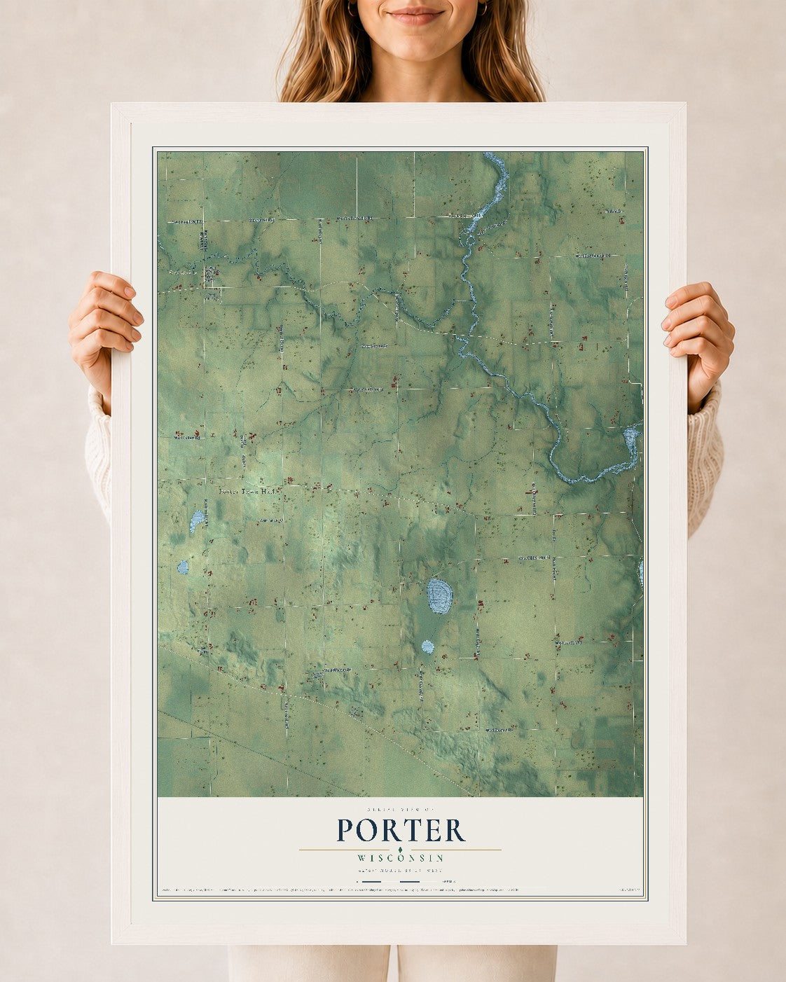 Map of Porter, Wisconsin, 24 x 36 inch print in a white wood frame