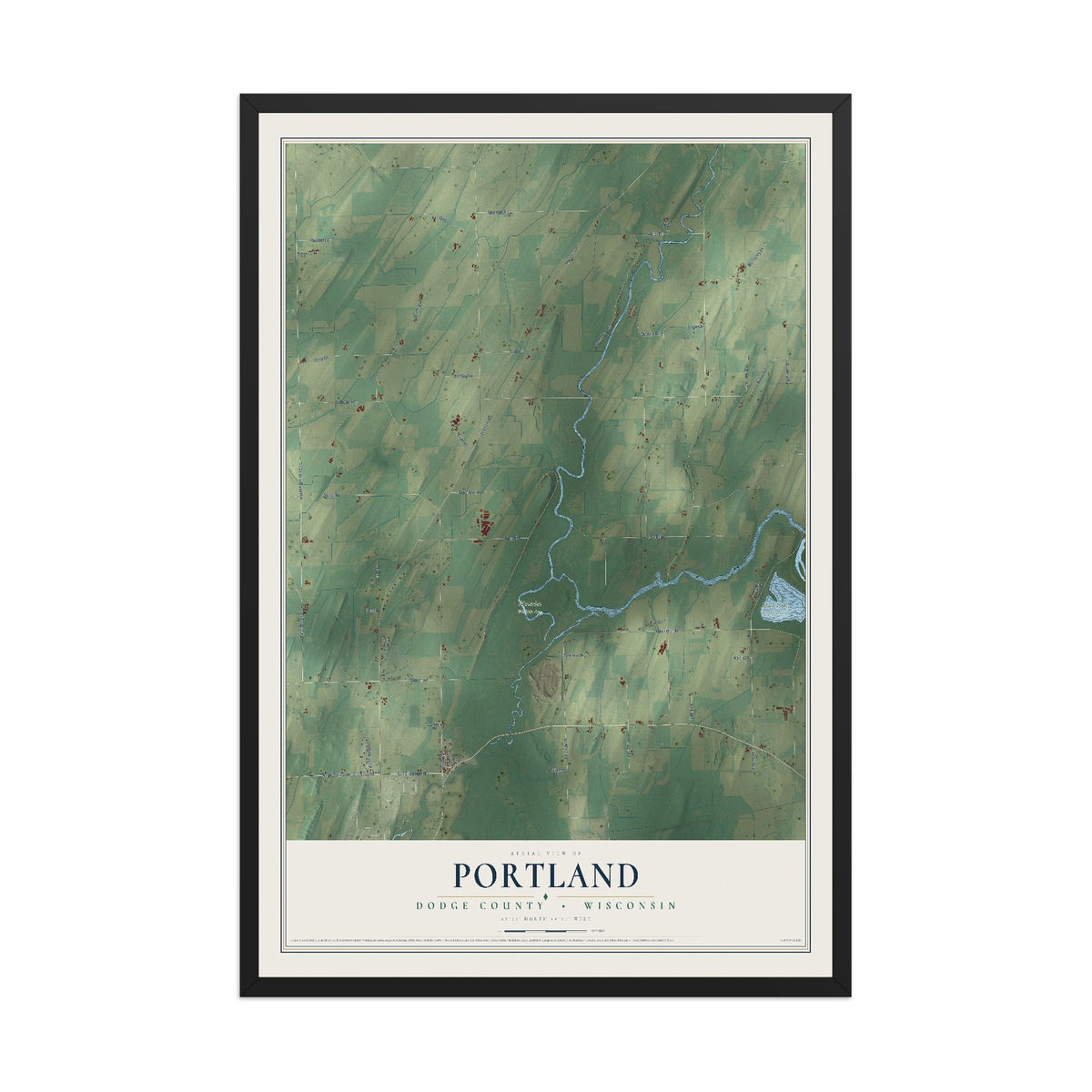 Map of Portland, Dodge County, Wisconsin, 12 x 18 inch print in a black wood frame