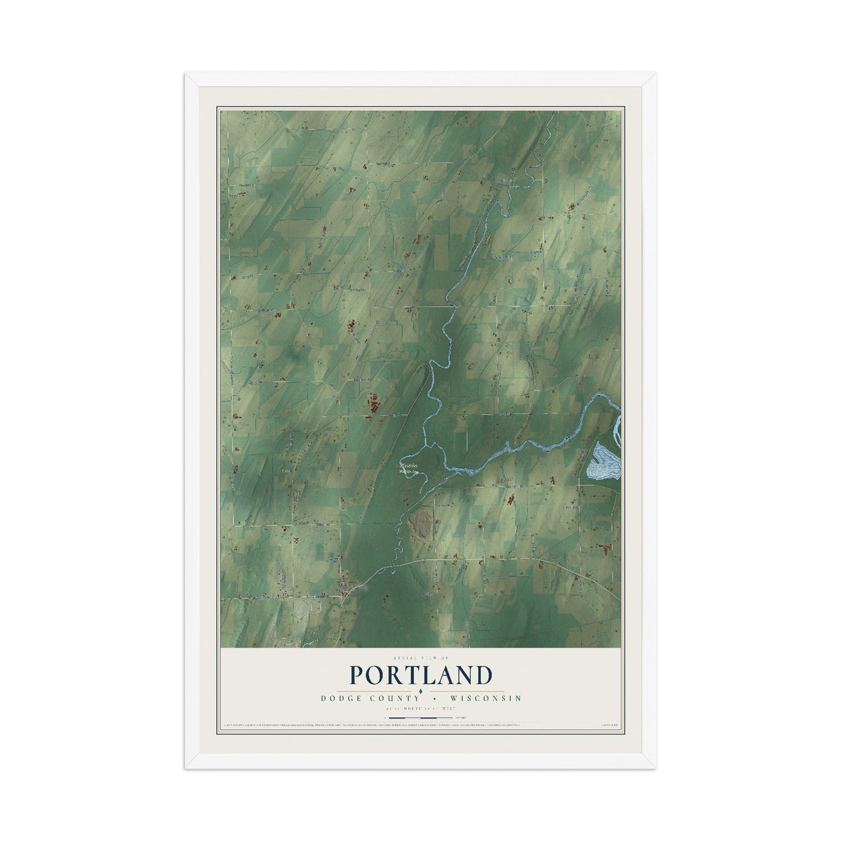 Map of Portland, Dodge County, Wisconsin, 12 x 18 inch print in a white wood frame