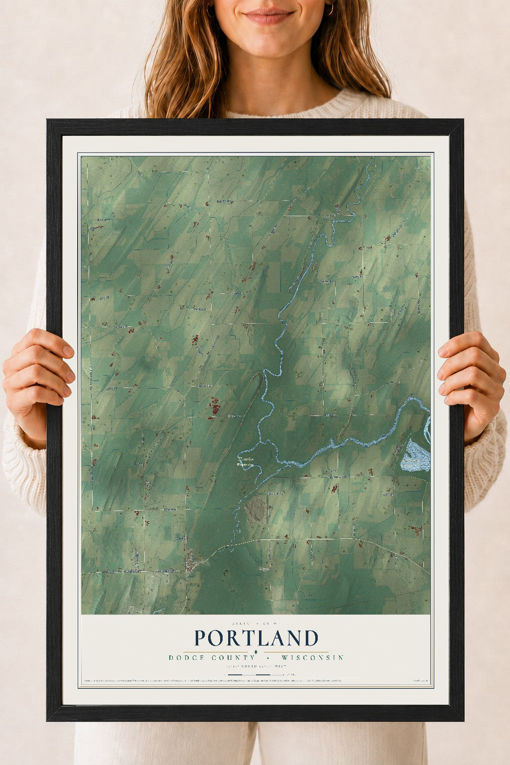 Map of Portland, Dodge County, Wisconsin, 18 x 24 inch print in a black wood frame