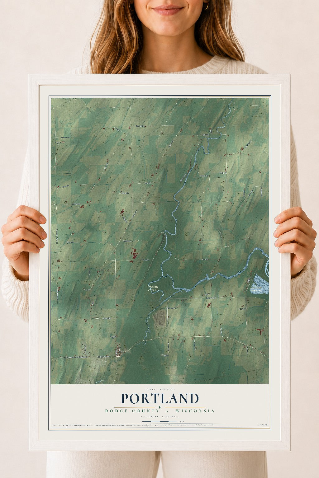 Map of Portland, Dodge County, Wisconsin, 18 x 24 inch print in a white wood frame