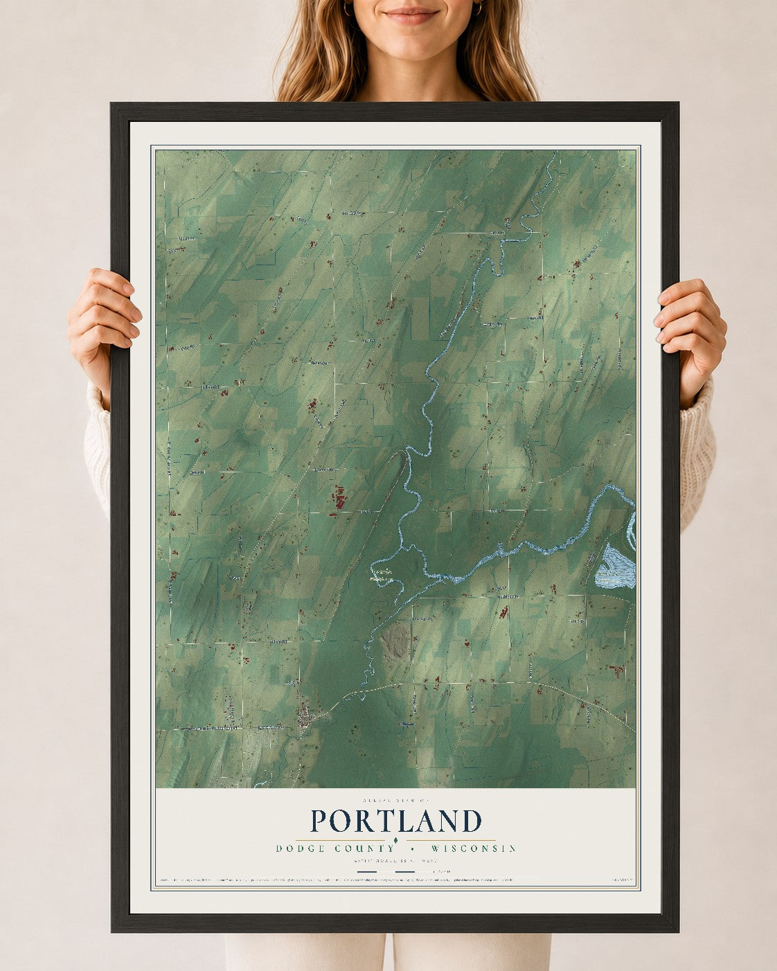 Map of Portland, Dodge County, Wisconsin, 24 x 36 inch print in a black wood frame