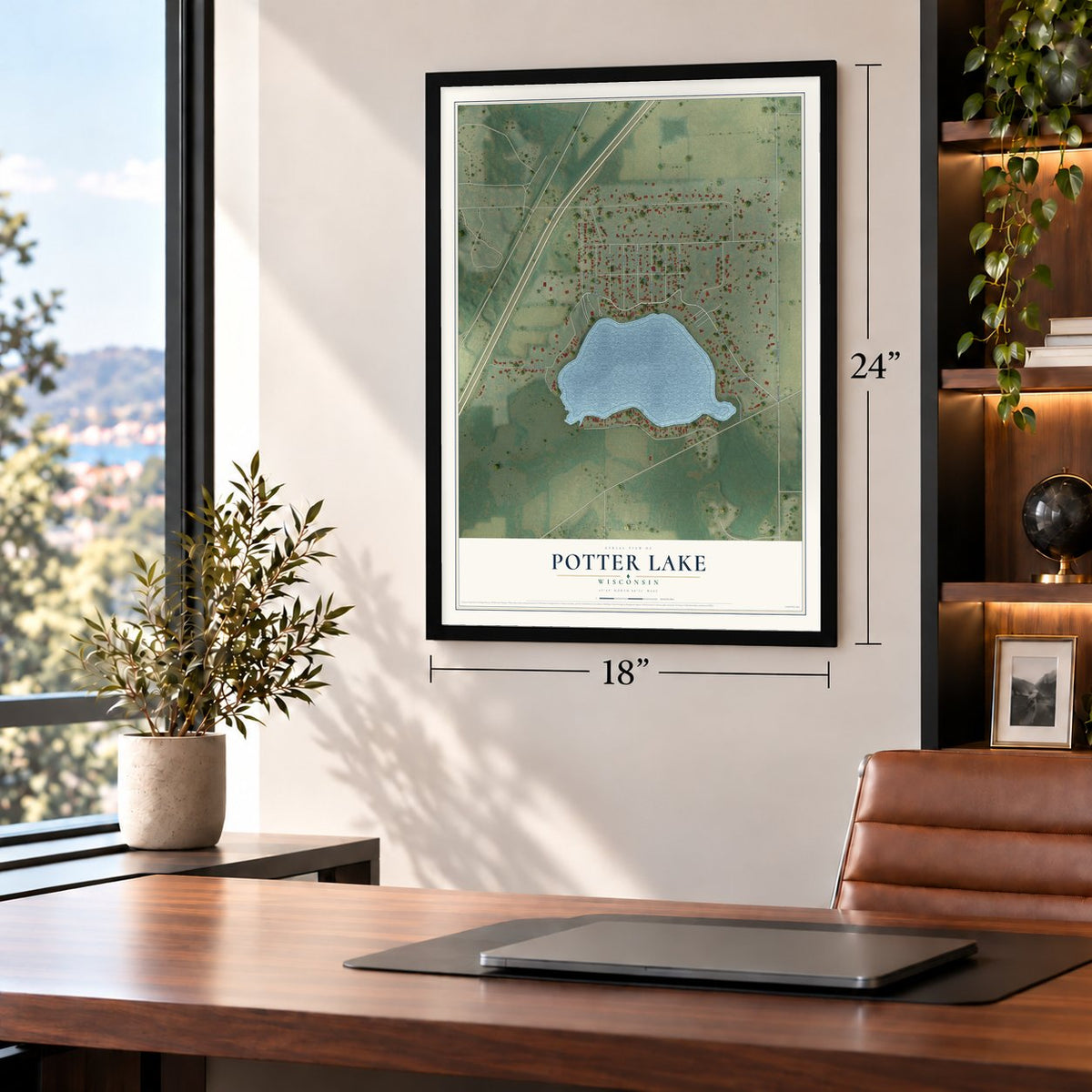 Potter Lake, Wisconsin map, 18 x 24 inch print in a black frame in a home office